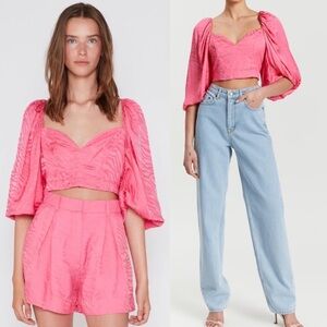 NWT Rotate Birger Christensen Irina Top Hot Pink Puff Sleeve Satin Blouse 10 New